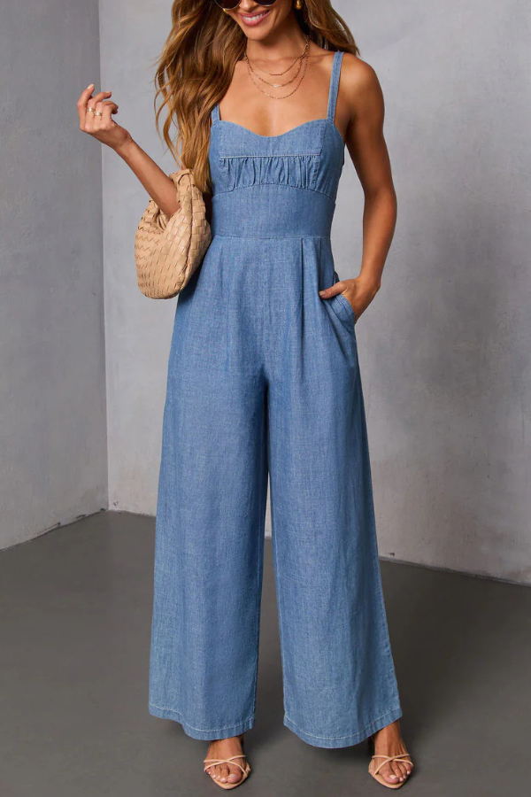 Solid Color Sleeveless Backless Casual Pocket Faux Denim Wide-leg Jumpsuit