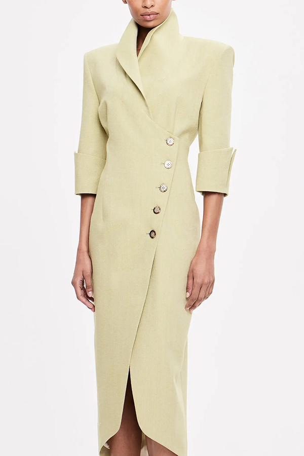 Elegant Look Linen Blend Stand Lapel Neck Half Sleeve Side Button Midi Dress-consonak