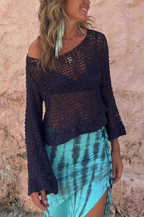 Visalia Knit Hollow Out Long Sleeve Loose Cover-up Sweater-consonak