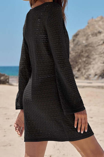Solid Color Knit Hollow V-Neck Tie Long Sleeve Cover Up Mini Dress-consonak