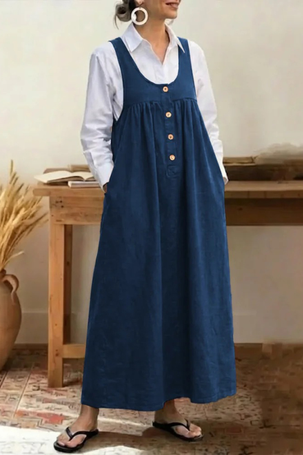 Solid Color Loose Sleeveless Button Pocket Casual Maxi Dress
