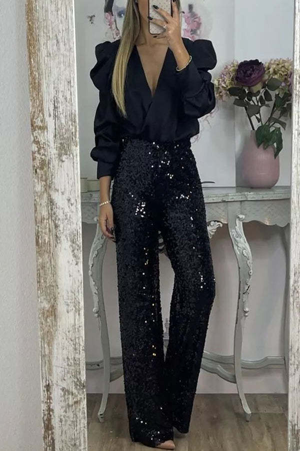 Perfectly Adored Satin Crossover Neckline Puff Sleeve Blouse-consonak