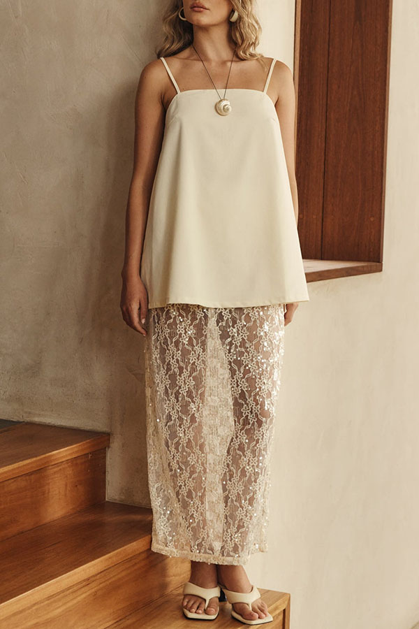 Vera Semi Sheer Flower Lace Sequin High Rise Maxi Skirt-consonak