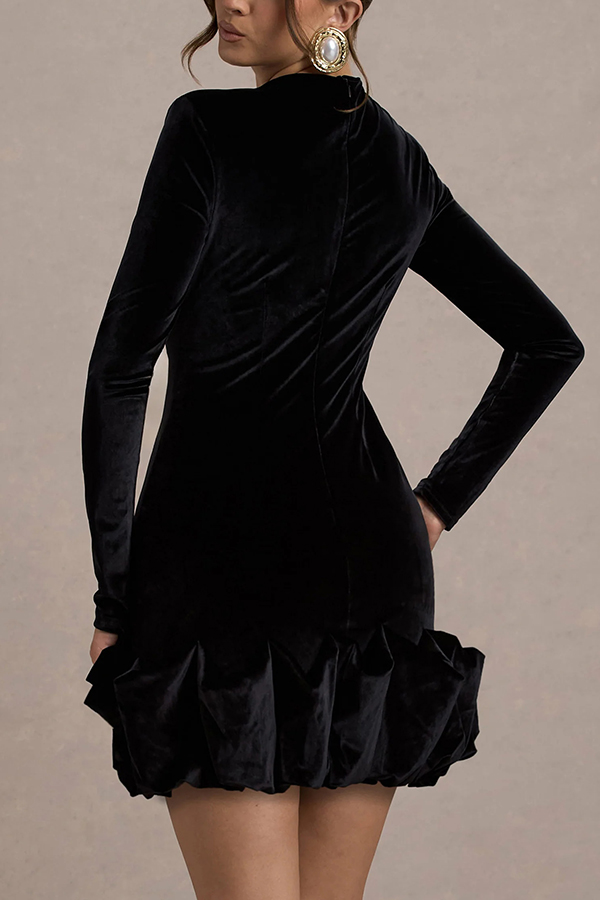 Solid Color Velvet Slim-fit Long-sleeved Mini Dress-consonak