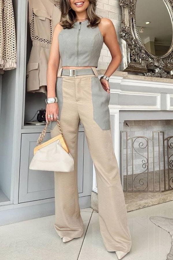 Street Wear Front Zipper Backless Tank and Color Block Belted Pocket Pants Set-consonak