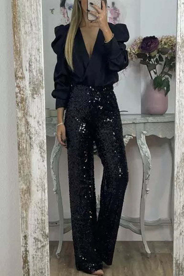 Glitzy Glamour Sequin High Rise Elastic Waist Wide Leg Pants-consonak