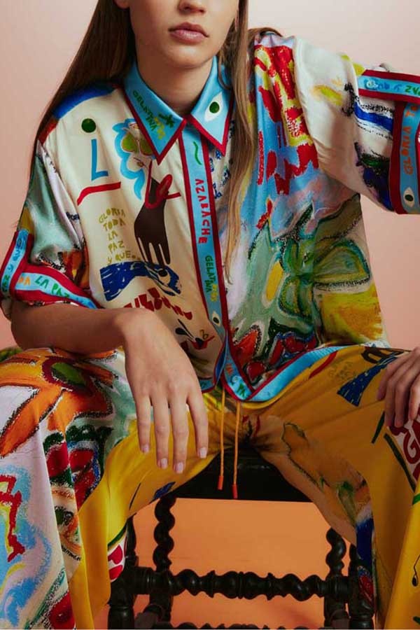 Raina Satin Unique Print Short-sleeved Loose Shirt and Elastic Waist Pocket Pants Set-consonak