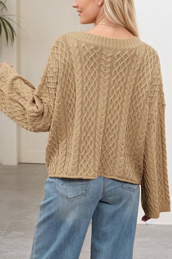 Solid Color Loose V-neck Long-sleeved Casual Pocket Knitted Cardigan-consonak