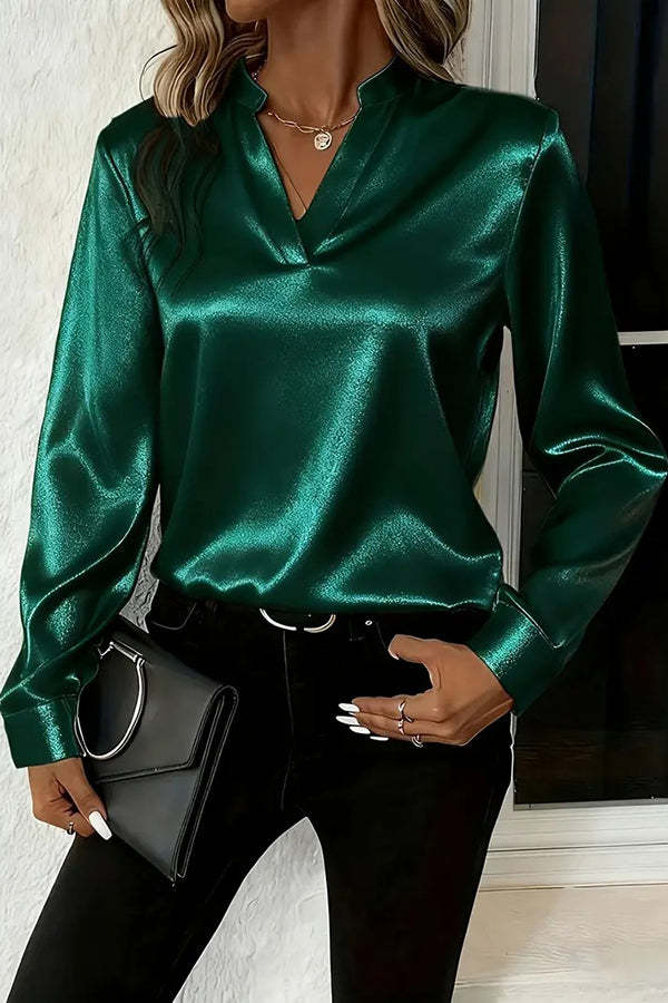 Solid Color Satin Loose V-neck Long-sleeved Casual Shirt-consonak