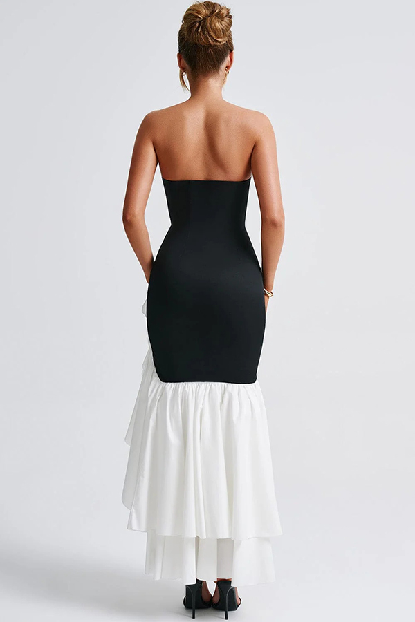 Contrast Color Sexy Off-shoulder Slim Fit Irregular Hem Maxi Dress-consonak