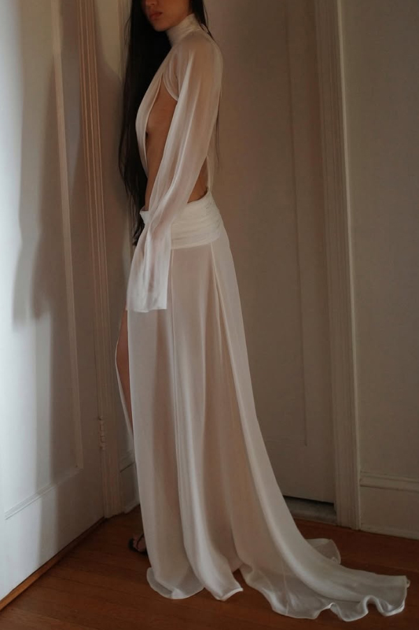 Sexy See-through High-neck Long-sleeved Draped Top and High-waisted Slit Maxi Skirt Vacation Set-Consonak