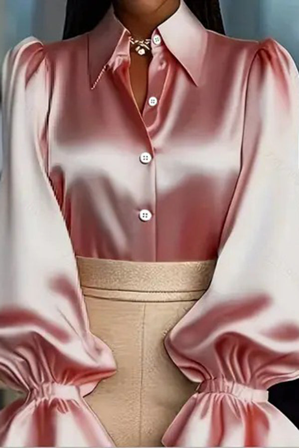 Solid Color Satin Puff Sleeve Casual Button-down Shirt-consonak