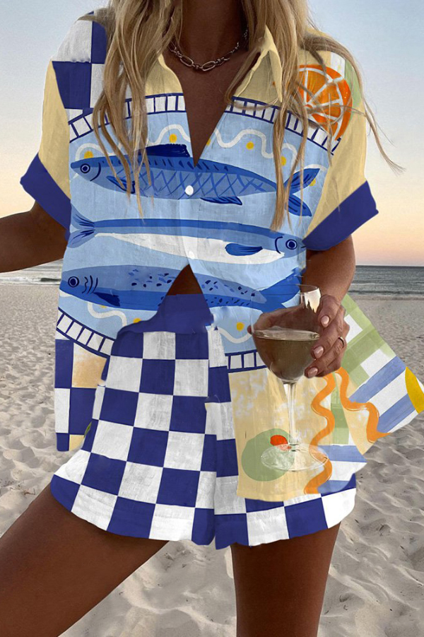 Fish Print Loose Button Elastic Waist Shorts Set