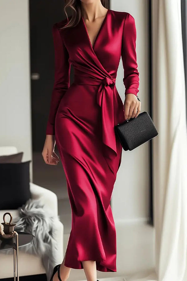 Solid Color Satin V-neck Long Sleeve Waist Tie Slim Midi Dress-consonak