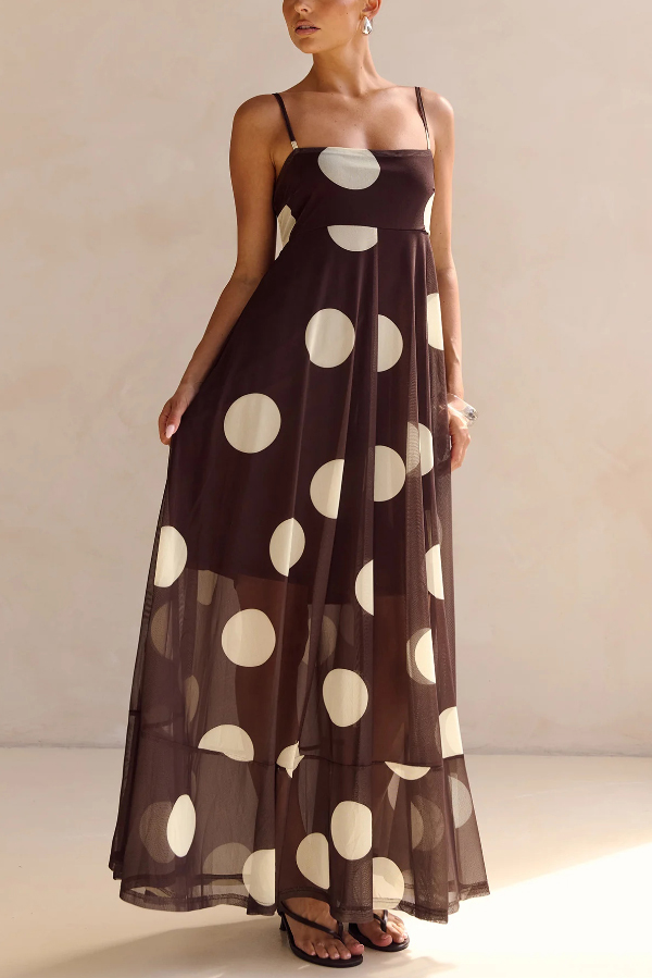 Polka Dot Print Mesh Spaghetti Strap Square Neck Vacation Maxi Dress