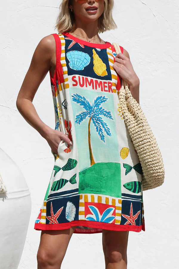 Summer-themed Printed Round Neck Sleeveless Pocket Loose Mini Dress | Consonak
