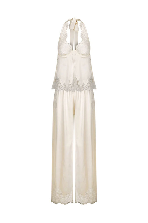 Elegant Morning Satin Lace Trim Halter Tie-up Tank and Elastic Waist Loose Pants Set | Consonak