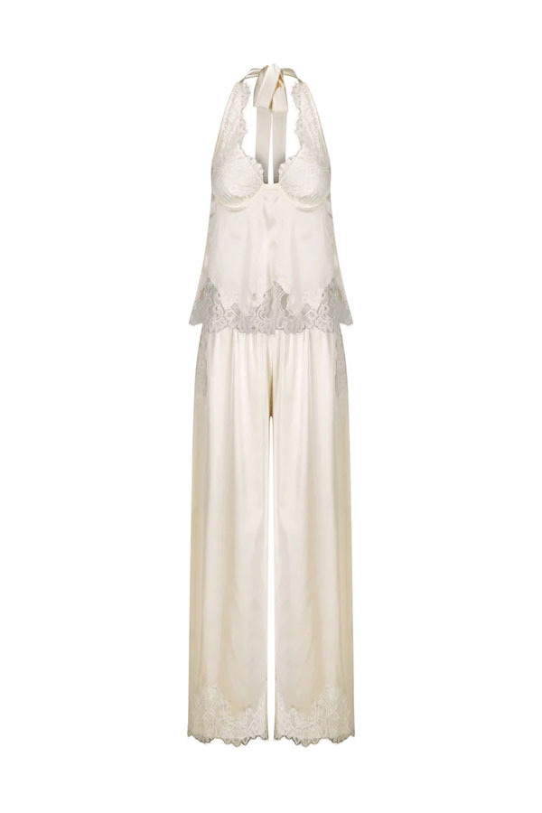 Elegant Morning Satin Lace Trim Halter Tie-up Tank and Elastic Waist Loose Pants Set-consonak