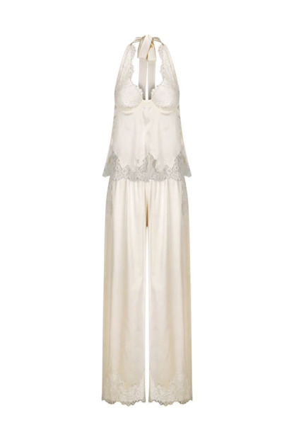 Elegant Morning Satin Lace Trim Halter Tie-up Tank and Elastic Waist Loose Pants Set-consonak