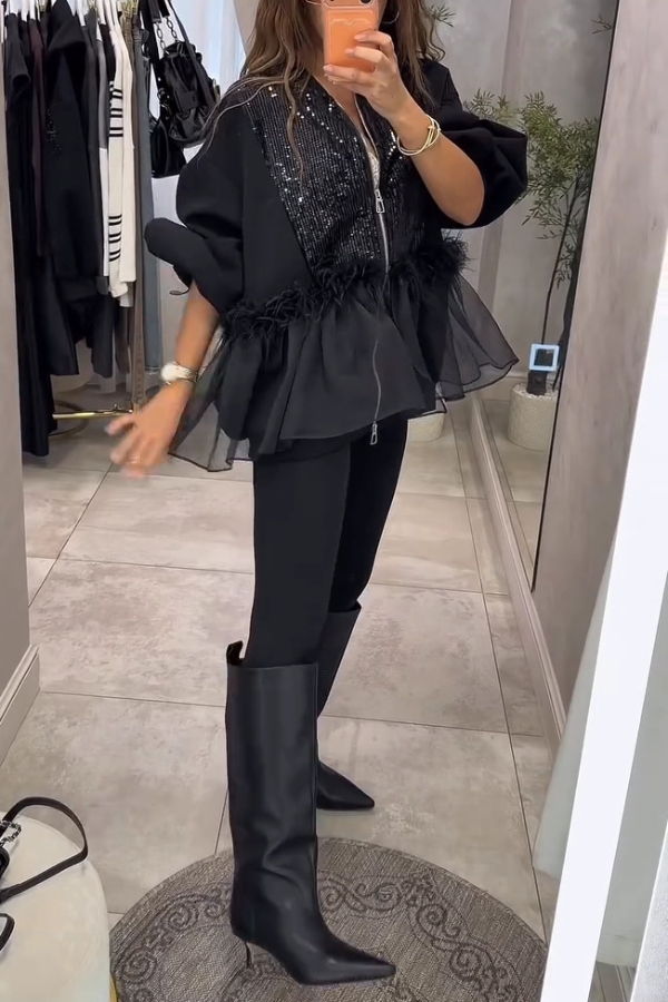 Fashionable Sequined Feather Patchwork Mesh Ruffled Hem Loose Zip-up Jacket