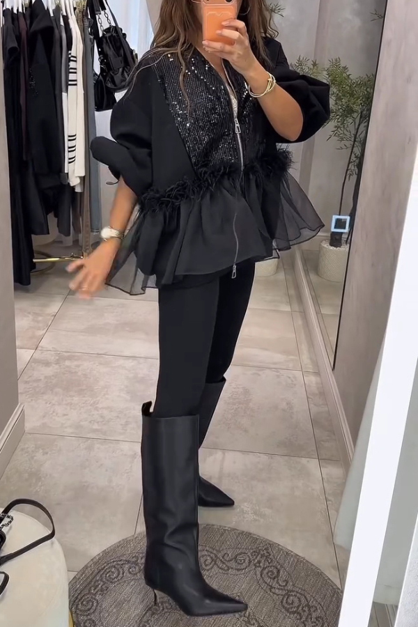 Fashionable Sequined Feather Patchwork Mesh Ruffled Hem Loose Zip-up Jacket