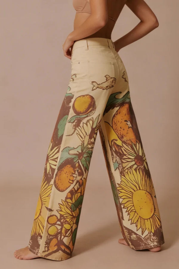 We The Free Denim Playful Doodle Printed Mid Rise Pocket Wide Leg Jeans | Consonak