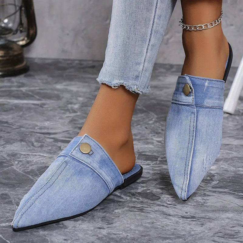 Casual Flat Pointed Toe Denim Slippers-consonak