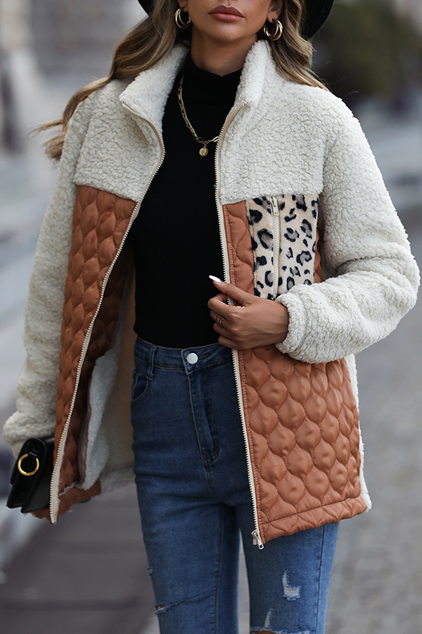 Casual Patchwork Plush Long Sleeve Leopard Print Pocket Loose Zipper Jacket-consonak