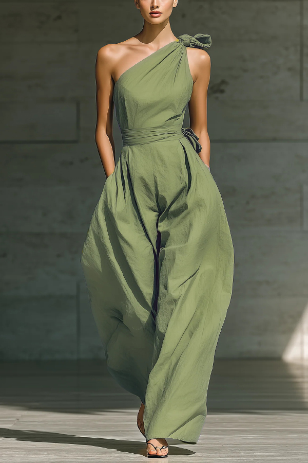 Solid Color Sleeveless One-shoulder Fitted Waist Casual Pocket Loose Wide-leg Jumpsuit