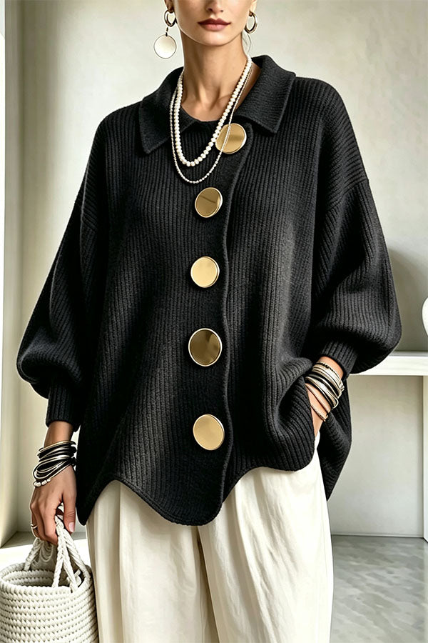 Shelia Knit Oversized Metal Buckle Balloon Sleeve Lapel Cardigan-Consonak