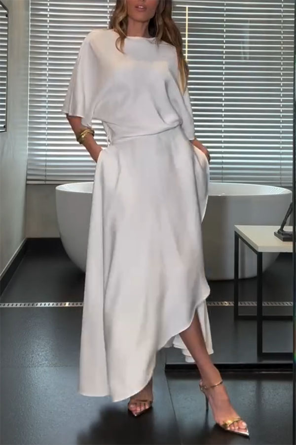 Modern and Elegant Satin Half Wide Sleeve Wrap Style Pocket Slit Loose Maxi Dress-consonak
