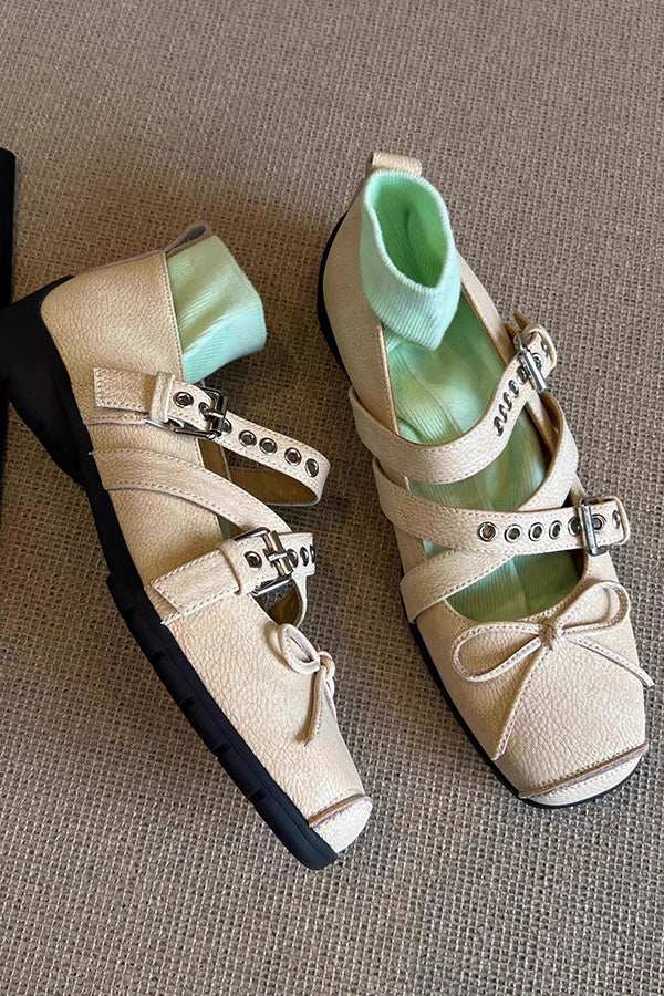Bow Cross Strap Square Toe Ballet Flats-consonak