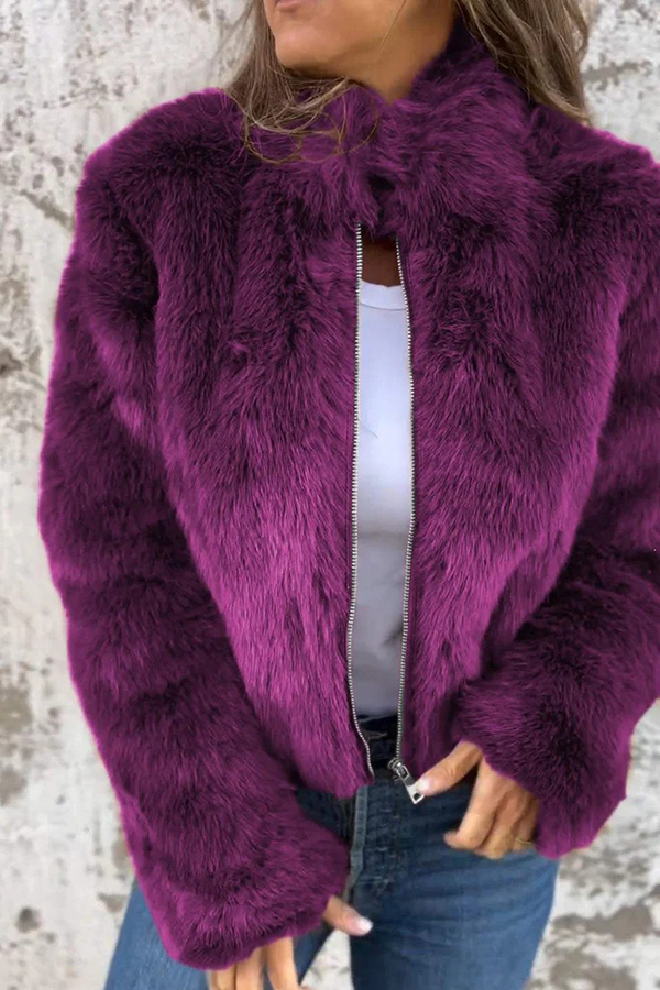 Stylish Faux Fur Turtleneck Zipper Casual Jacket | Consonak