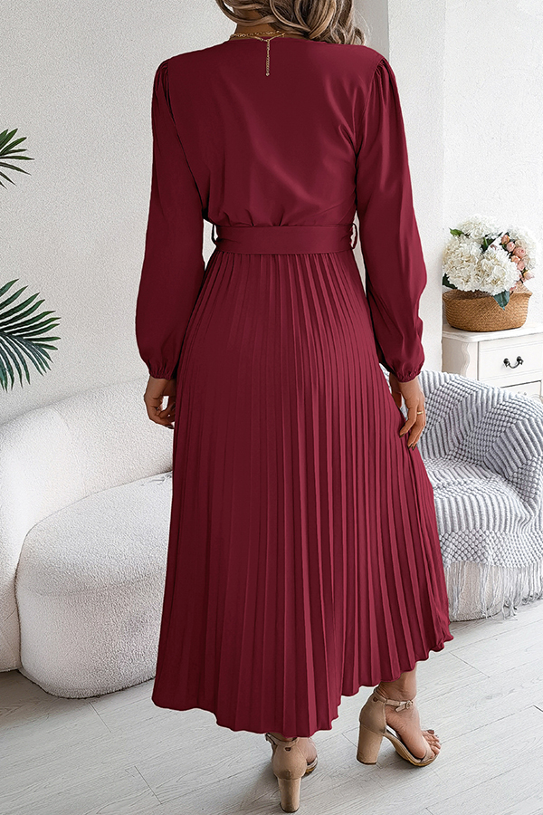 Solid Color Elegant V-neck Buttoned Lace-up Pleated Maxi Dress-consonak