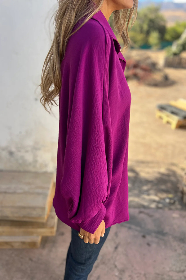 Solid Color Loose Batwing Sleeve Buttoned Casual Shirt-consonak