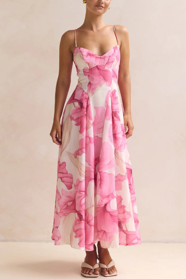 Floral Print Spaghetti Strap Backless Holiday Maxi Dress-consonak