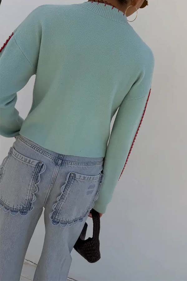 Coastal Fashion Knit Octopus Graphic Contrast Piping Button Up Loose Cardigan | Consonak