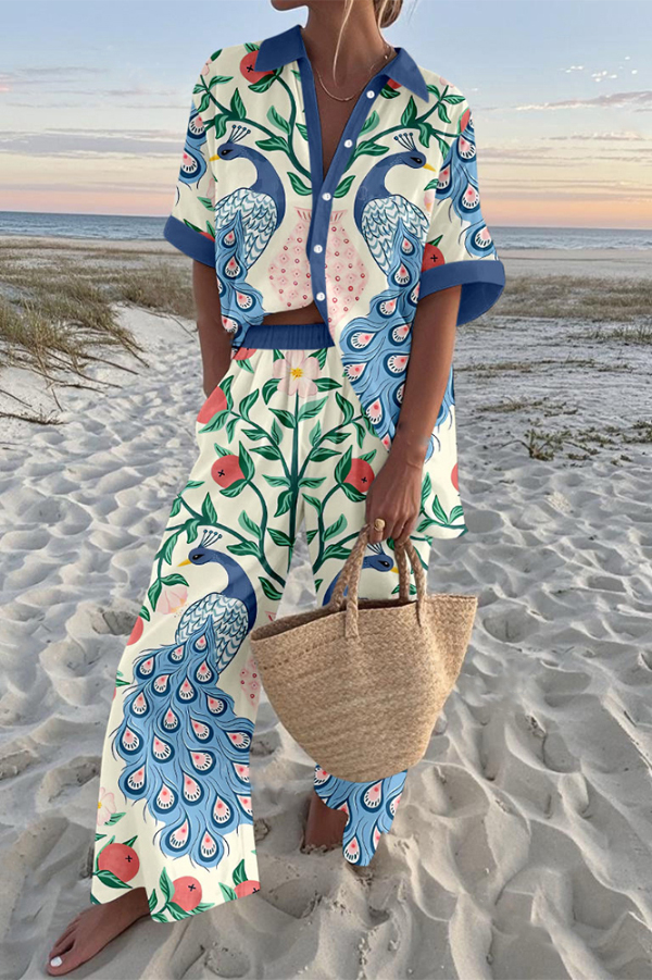 Blue Peacock Print Oversized Shirt and Elastic Waist Pocket Pants Set-consonak