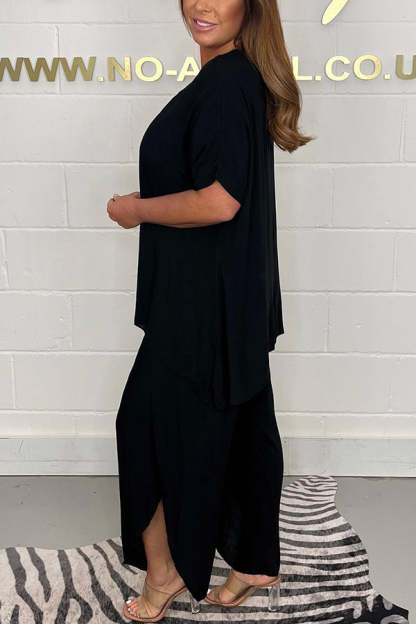 Greyson Flowy Loose Blouse and Elastic Waist Slit Pants Set-consonak