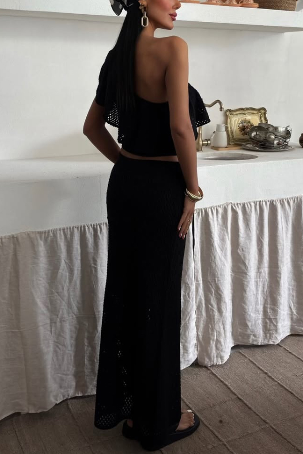 Solid Color One-shoulder Ruffled Openwork Top and Elastic Waist Holiday Knit Maxi Skirt Cover-up Set-consonak