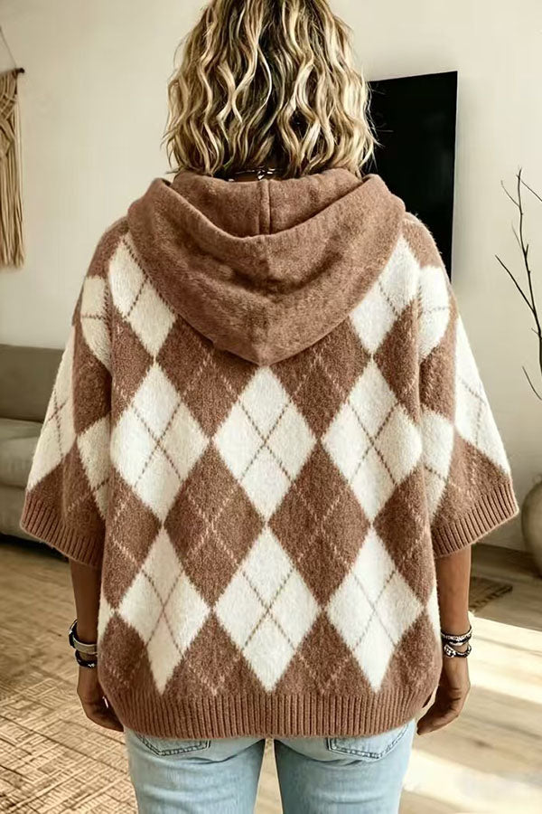 Comfortable and Casual Knit Color-blocked Plaid Print Half Sleeve Hoodie Sweater-Consonak
