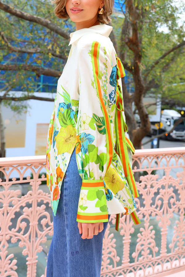 Antibes Satin Floral Print Back Tie-up Button Down Oversized Blouse-consonak