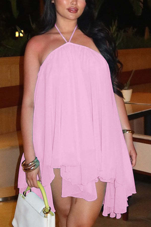 Chiffon Solid Color Halter Backless Irregular Mini Dress-consonak