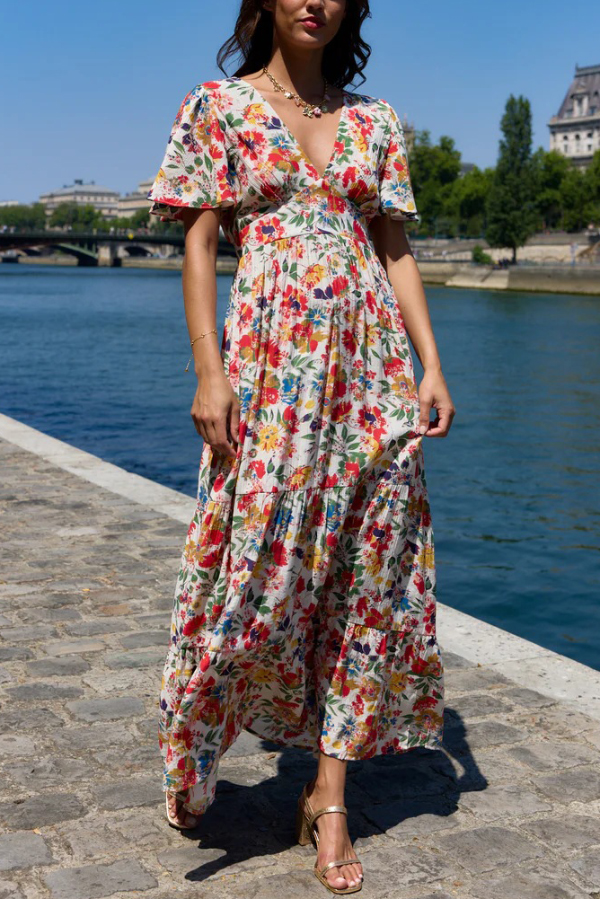 Floral Print V-neck Short-sleeved Elegant Fitted Waist Maxi Dress