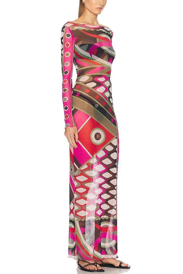 Gypsy Girl Mesh Unique Print Wide Neck Long Sleeve Stretch Maxi Dress-consonak