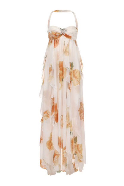 Romance and Freedom Floral Print Ruffles Halter Backless Slit Maxi Dress-consonak