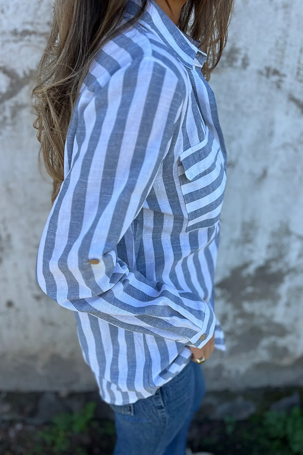 Striped Print Casual Pocket Shirt Top-consonak