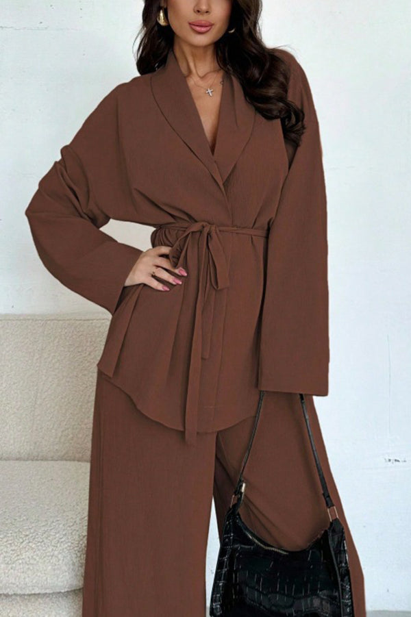 Solid Color Collared Long-sleeved Tie-waist Loose Top and Elastic Waist Casual Wide-leg Pants Set-consonak