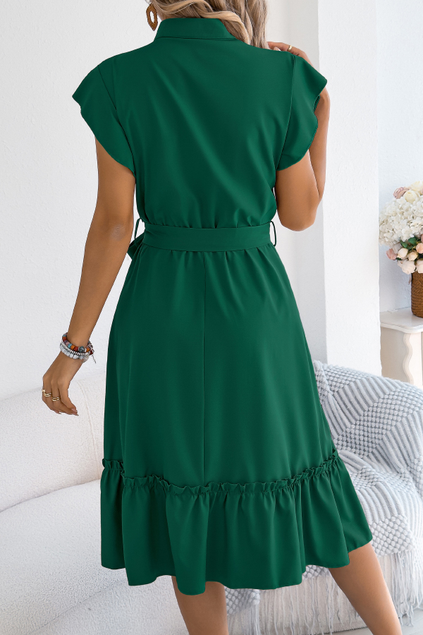 Solid Color Stand Collar Button Waist Tie Casual Midi Dress-consonak