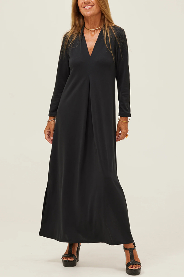 Solid Color V-neck Casual Slit Maxi Dress-consonak